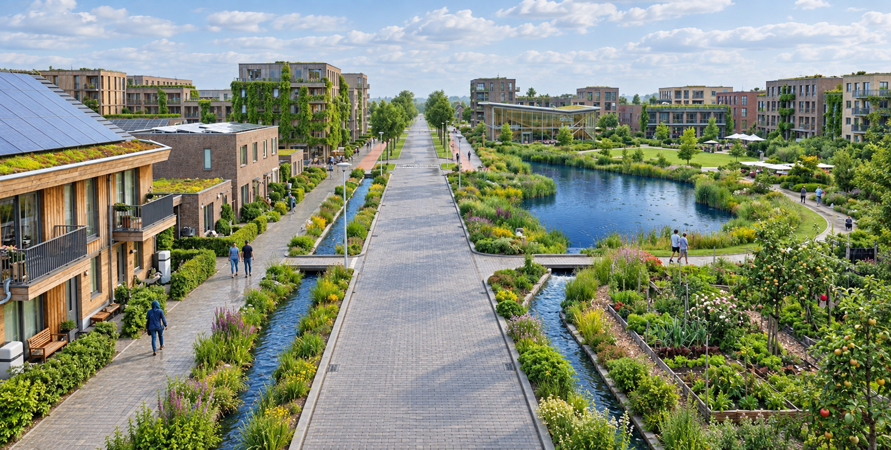 Quartier écologique avec logements solaires, noues végétalisées et jardin public autour d’un lac