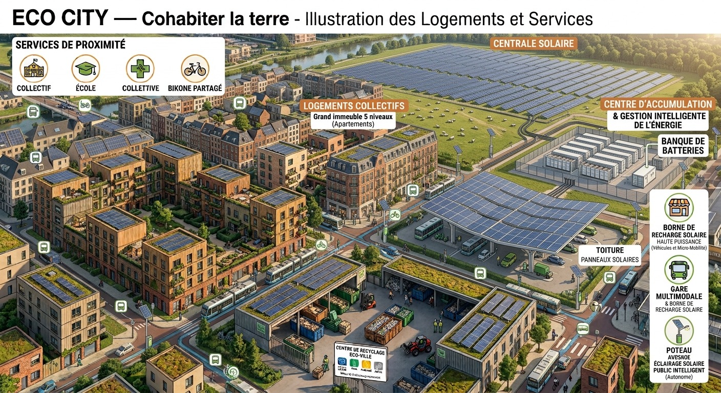 Illustration ECO CITY — centrale solaire, logements et services énergétiques