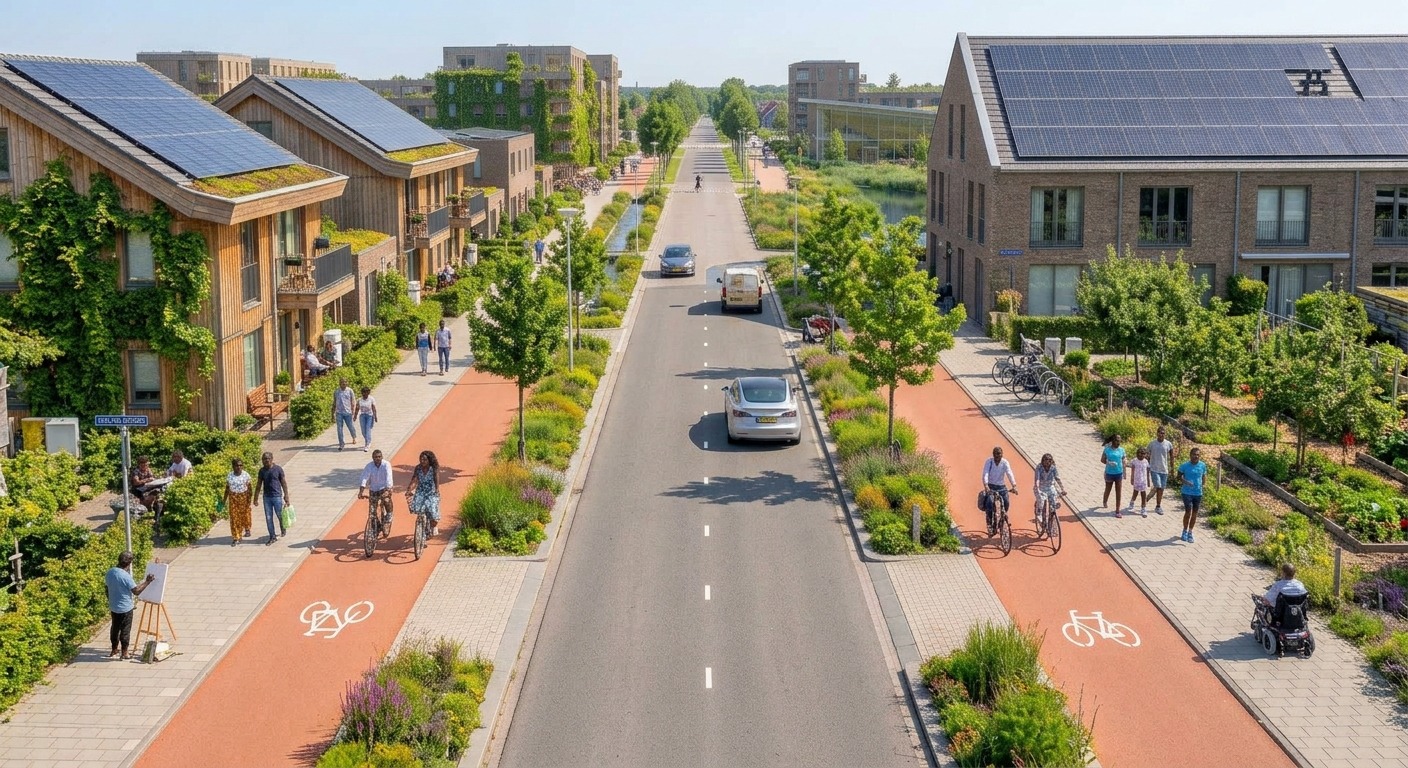 Voies multi-modales : voitures, vélos, piétons et logements solaires