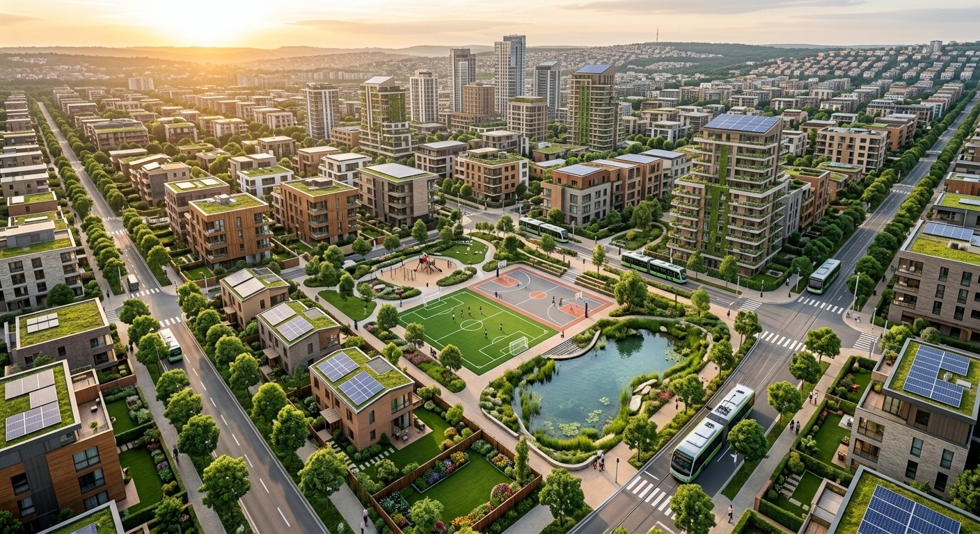 Vue aérienne d'ECO CITY — ville verte et solaire au coucher du soleil