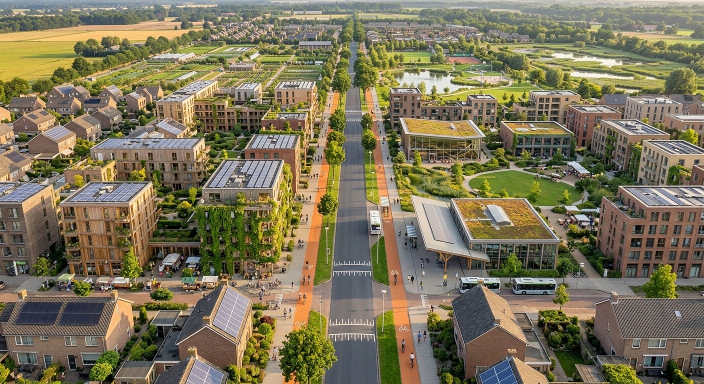 Vue aérienne d'ECO CITY — trame verte, toits solaires et mobilité douce